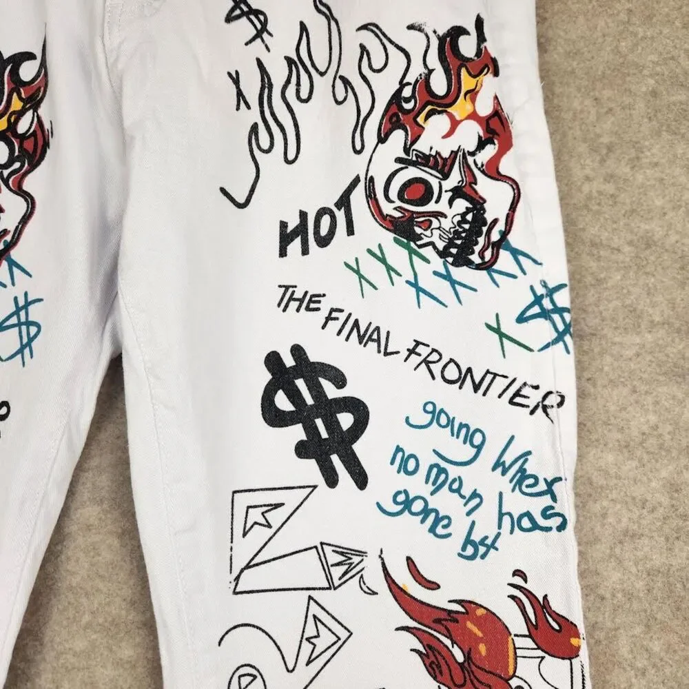 Waimea Graffiti Art Slim Fit Jeans Men's 40/32 White Stretch Denim Y2K Hip Hop